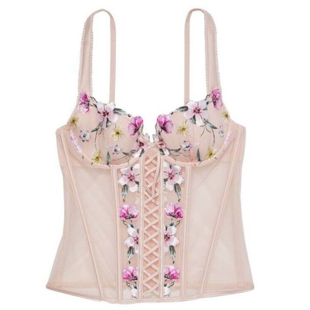 NWT Victoria's Secret Embroidered Corset‎ Top Sz L Soft Pink Floral $120